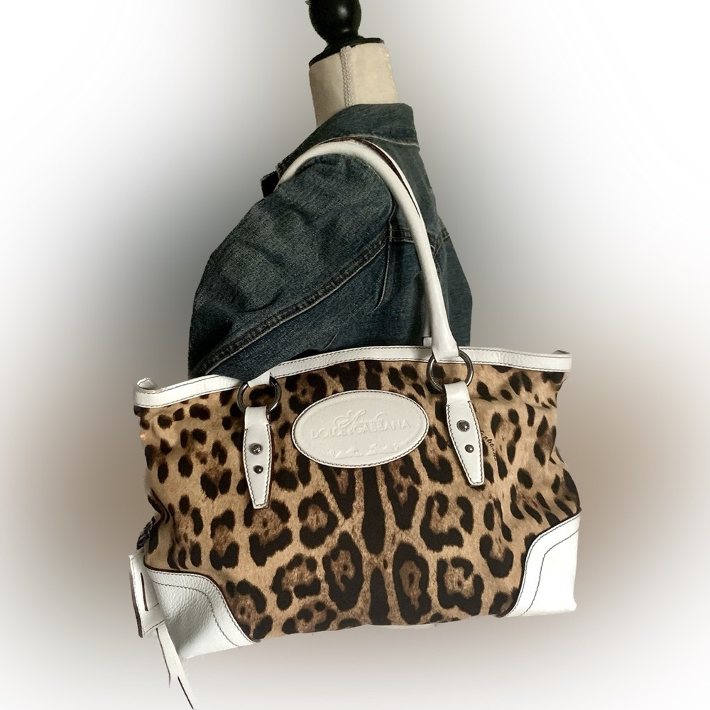 Vintage Dolce & Gabbana Leopard Print Satchel/Bag with Off White Leather Trim